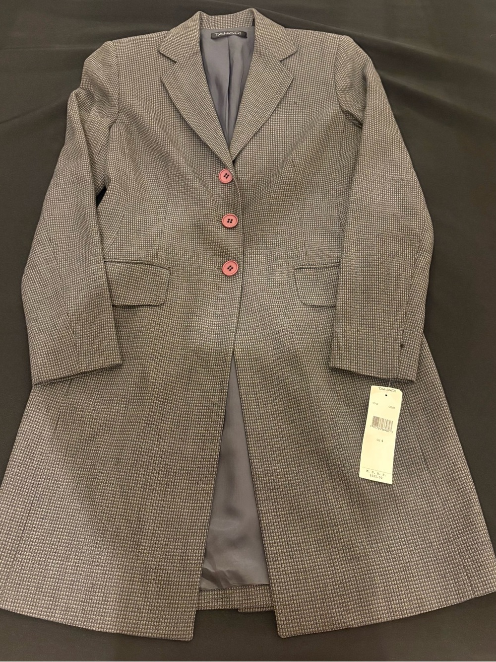 Tahari Gray Checked Coat with Pink Buttons